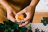 From above of crop anonymous female florist arranging blooming yellow roses in ceramic stand in floral salon