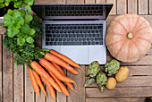 Laptop on table with assorted ripe vegetables