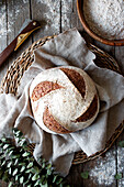 From above homemade fresh sourdough spelt bread on wicker stand with cloth on wooden table with flour scattered