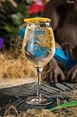 Kristallweinglas mit Martini-Cocktail, serviert mit Zitronenschale und Olivenrand, auf trockenem Gras