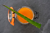 Draufsicht auf ein grünes Aloe-Vera-Blatt, das auf einem mit frischem Orangensaft gefüllten Glasbehälter steht, auf grauem Hintergrund