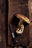 Draufsicht auf roh geschnittene Steinpilze (Boletus edulis) auf rustikalem Holzschneidebrett während des Kochvorgangs