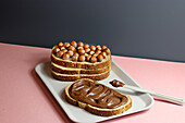 Chocolate cream sandwich on a tray on the table ready for breakfast