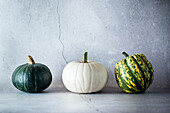 Still life composition with assorted types of whole fresh round squashes of various colors placed near shabby gray wall