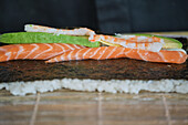 Stock photo of preparation in japanese restaurant of sushi plate.