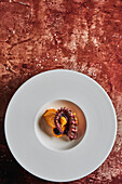 Top view grilled delicious octopus tentacle with mashed potatoes served on white ceramic plate placed on table