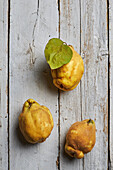 Draufsicht auf frische ganze saure gelbe Zitronen auf weißem Holzhintergrund