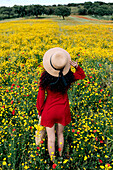 Back view anonymous trendy female in red sundress and handbag standing on blossoming field with yellow and red flowers and touching hat on warm summer day