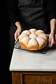 High angle of crop unrecognizable baker standing at counter with fresh bread buns placed on baking pan in kitchen