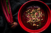 Healthy beet soup. borscht. Flat lay. From above. detox