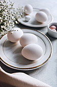 From above still life of beautiful painted Easter eggs over white table background near cute flowers