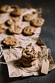 From above homemade chocolate chips cookies on a piece of paper