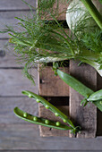 Composition of ripe and delicious green mint leaves with basil and pea pod with fennel on wood