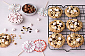 Oatmeal biscuits with chocolate, marshmallows and hazelnuts