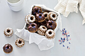 Vegan mini almond bundt cakes with chocolate icing and icing sugar