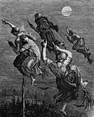 Witches riding on brooms, illustration