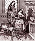 Queen breastfeeding her baby, 19th century illustration