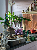 Kitchen decorated for Christmas with antique charm