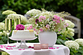 Bunter Wiesenblumenstrauß aus Sterndolden (Astrantia), Wiesenkerbel, auf einem festlich gedeckten Tisch mit Torte, Sektgläser und Rosenblüte