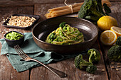 Spaghetti with broccoli pesto and pine nuts
