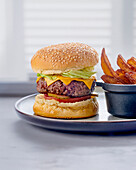 Cheeseburger with cheddar and sweet potato fries