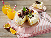 Fruity passion fruit cheesecake with chocolate rolls