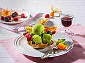  Lemon balm sorbet in a hip basket, greens with spring herbs, hearty bakery 