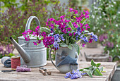 Frühlingsstrauß aus Katzenpfötchen (Antennaria), Silberblatt (Lunaria) und Spanisches Hasenglöckchen (Hyacinthoides)