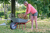 Frau bei Gartenarbeit im Sommer mit Schubkarren