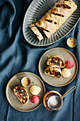 Chocolate and nut strudel with ice cream