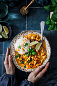 Chicken curry with rice, coriander and lime wedges
