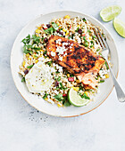 Mexican corn and rice salad with fried salmon