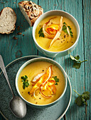 Creamy root vegetable soup with parsnip crisps