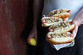 Hot dogs with sauerkraut, cucumber and fried onions