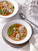 Thai turkey soup with vegetables and rice noodles