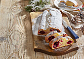 Black Forest stollen with cherries and icing sugar