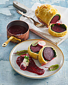 Beetroot Wellington with goat's cheese and honey-mustard sauce