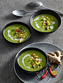 Thai green courgette soup with sweetcorn and coconut milk
