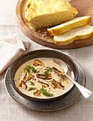 Cream of mushroom soup with dill and sour cream bread