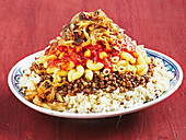 Egyptian koshari with rice, chickpeas, lentils and noodles