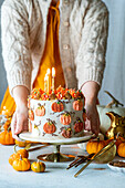 Decorated pumpkin cake for Halloween