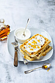 Waffles with chia seeds, Greek yoghurt and maple syrup