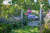 Blick über Zaun zu Sitzplatz im herbstlichen Garten zwischen Astern (Aster)