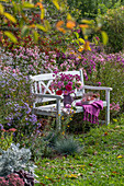 Bunter Strauss aus Dahlien (Dahlia), Rosen (Rosa), Astern (Aster) auf Bank vor bunten Blumenbeeten im herbstlichen Garten