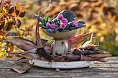 Selbstgebaute Etagere mit Kohlblättern, Ziermais, Hortensie, Crysanthemen (Chrysanthemum)