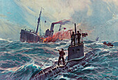 German submarine destroying English fishing boat, artwork