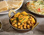 Indian, Allu channa, chickpeas, potato, rice, papadam