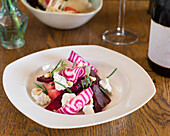 Salad, marinated beetroot, chioggia beets, white goat cheese, samphire