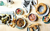 Syrian specialties - Dolmeh, Muhammara, Baba ghanouij, beetroo dip, bread
