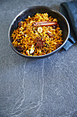 Ayurvedic turmeric spiced rice with banana, pear and masala